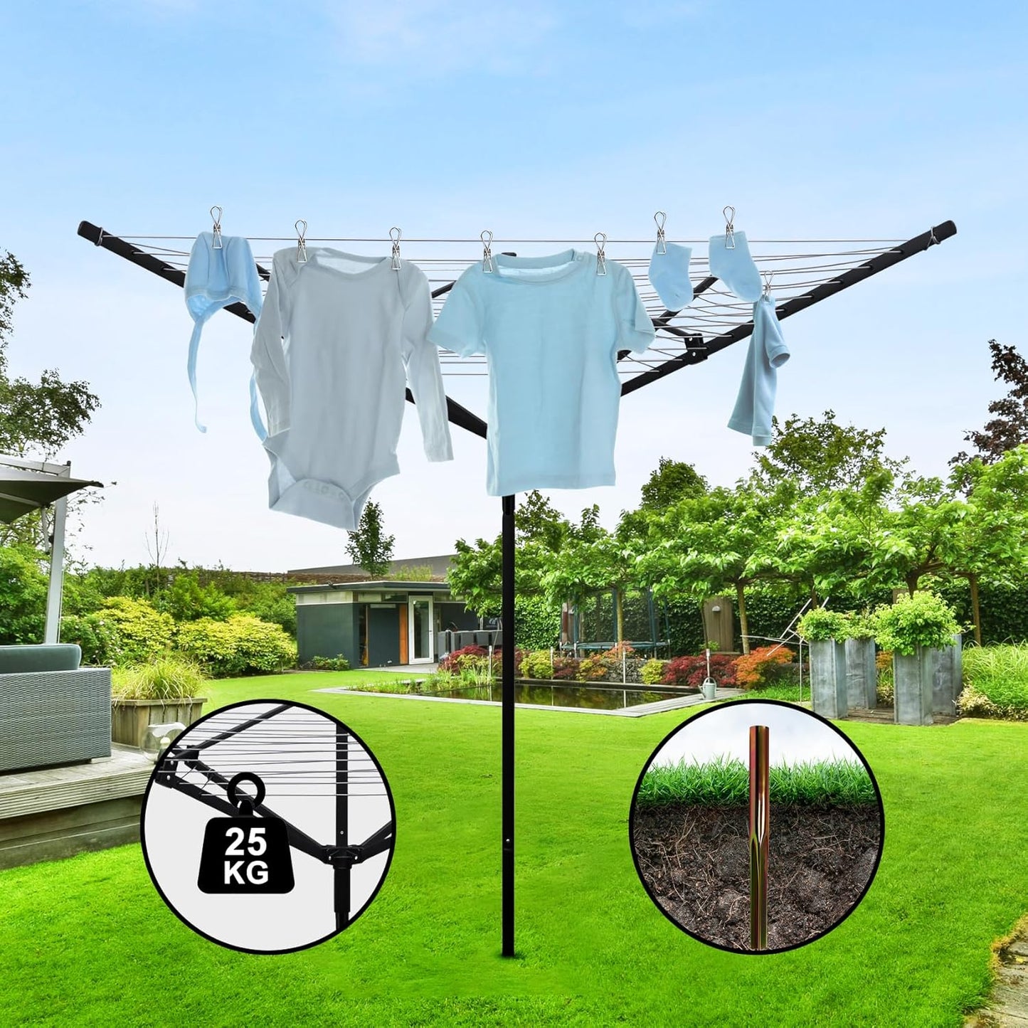 Umbrella Clothesline Outdoor with 40 Pegs, 4 Arms 12 Lines Rotary Clothesline Folding Clothes Drying Rack, 165 Ft Heavy Duty Clothes Line Outdoors for Backyard, Garden