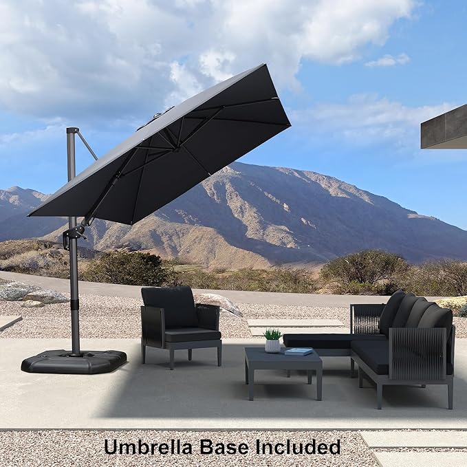 PURPLE LEAF 8.2' X 11.5' Tilting Patio Umbrella with Base Outdoor Cantilever Swivel Rectangle Umbrella Aluminum Offset Umbrella with 360-degree Rotation for Garden Deck Pool Patio Grey
