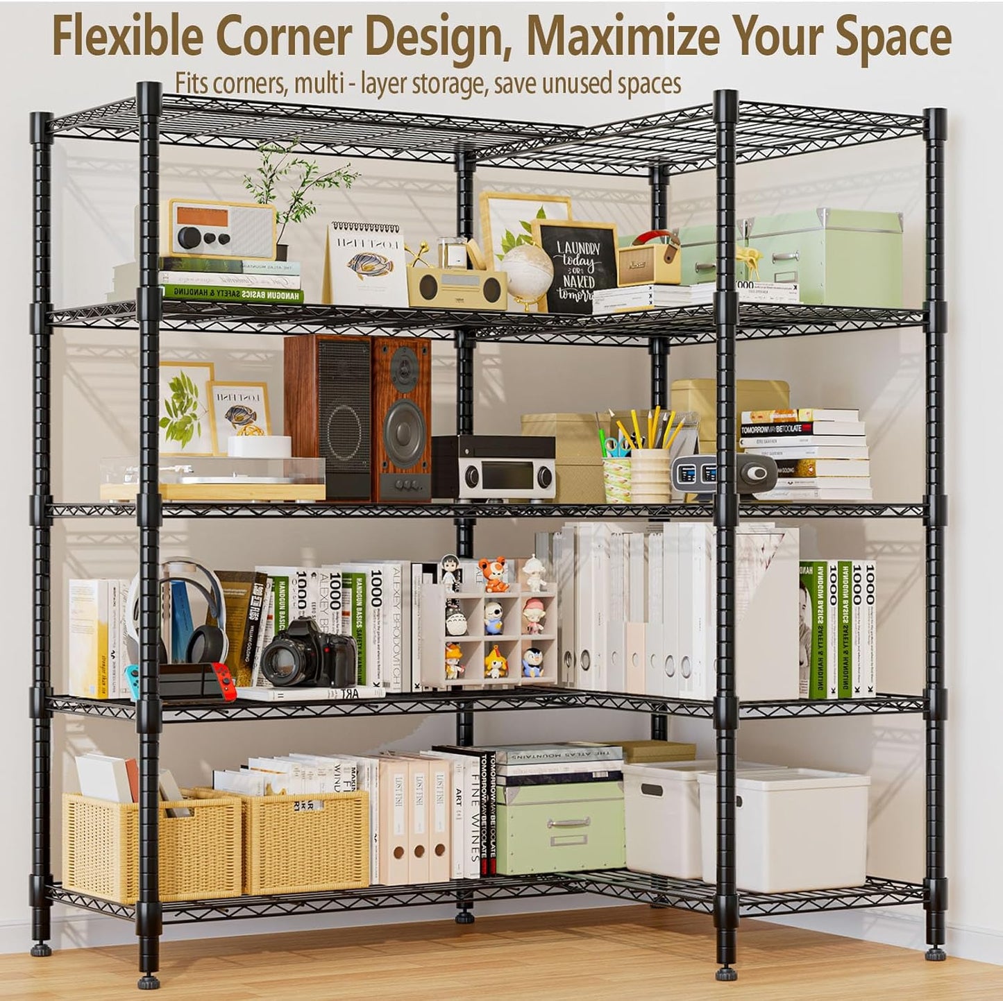 Himimi 72" W Wire Rack Shelving-2000LBS Capacity, Adjustable Storage Shelves Metal Shelves for Storage, 5-Tier Heavy Duty Wire Organizer for Kitchen, Garage, Pantry, 72" W x 18" D x 72" H, Black