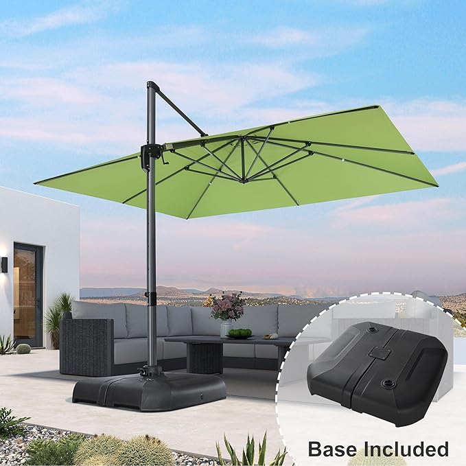 PURPLE LEAF 10' X 13' Square Cantilever Umbrella Patio Umbrella with Base Outdoor Umbrella Aluminum Offset with 360-degree Rotation for Garden Deck Pool Patio Apple Green