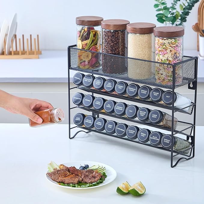 Spice Rack Organizer with 27 Spice Jars with Black Lids, Funnel, Spice Labels, Chalk Marker, Seasoning Organizer for Cabinet, Countertop, Pantry, Kitchen,Cupboard or Door & Wall Mount