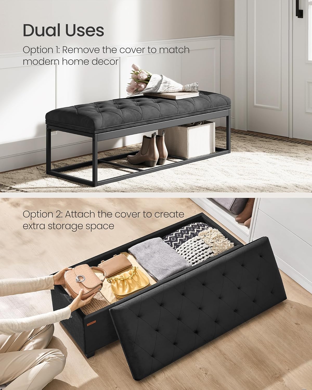 SONGMICS Velvet Storage Ottoman Bench, Foot Rest with Legs, 15.7 x 43 x 15.7 Inches, End of Bed Bench, Storage Chest, Load up to 660 lb, for Living Room, Bedroom, Entryway, Ink Black ULSF089B02