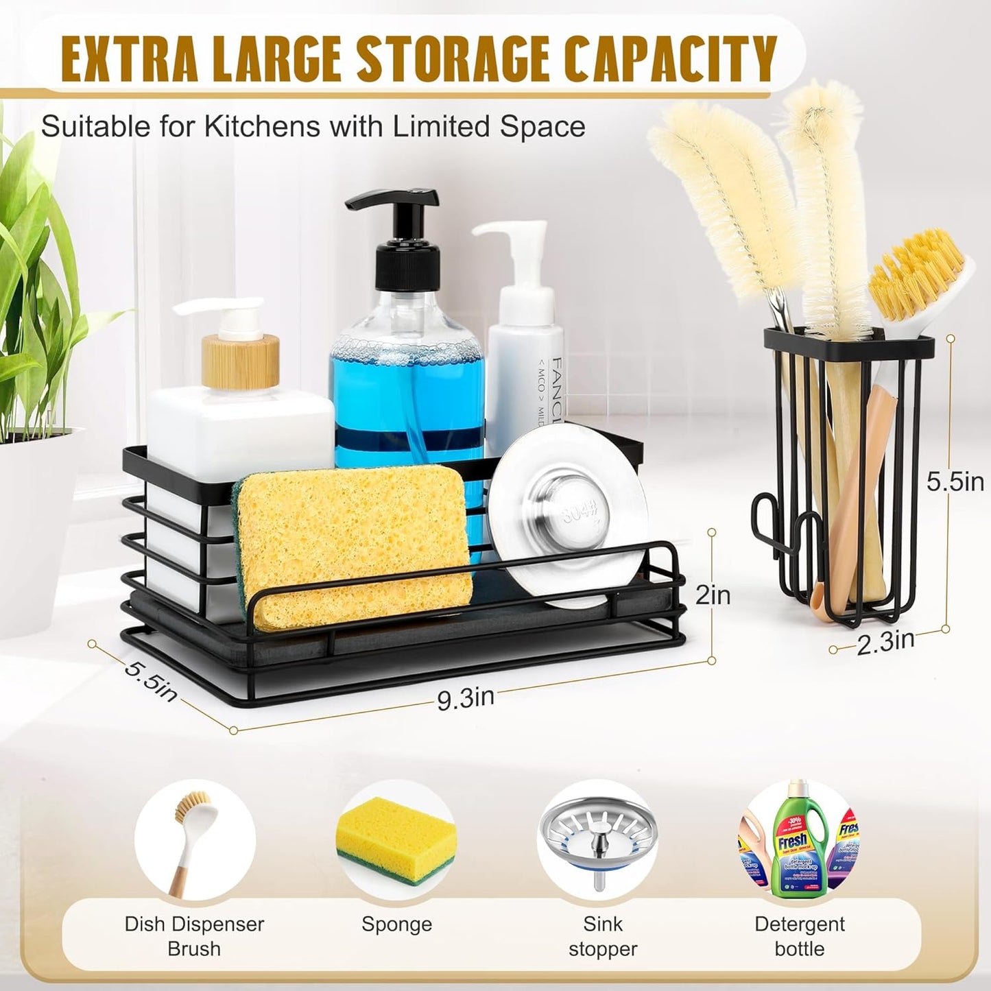 Sponge Holder for Kitchen Sink – Rustproof Sink Caddy & Kitchen Organizer with High Brush Holder, Fast Drying Diatomite Base, 304 Stainless Steel Dish Sponge Rack(Black)