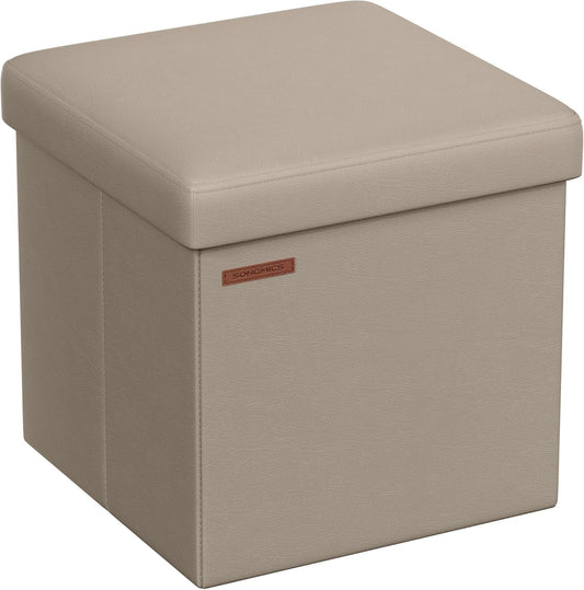 SONGMICS Mazie Collection - 15 Inches Ottoman with Storage, Footstool, Storage Ottoman, Load 660 lb, for Dorm, Living Room, Bedroom, Synthetic Leather, Camel Brown ULSF010K03