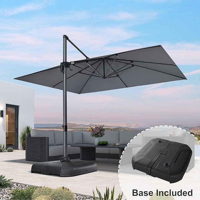 PURPLE LEAF 10' X 13' Patio Umbrella with Base Outdoor Cantilever Rectangle Offset Umbrella with 360-degree Rotation for Garden Deck Pool Patio Light Grey