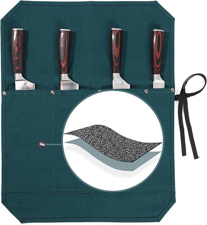 Chef Knife Storage Roll, Heavy Duty 16oz Waxed Canvas Knife Holder, Knife Roll with Cut Resistant Fabric, 4 Slots Knife Bag with Tie Rope - Dark Green