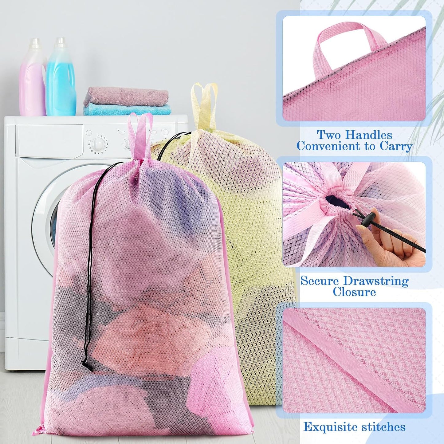 6 Pack 24 x 36 Inches Colorful Mesh Laundry Bag with Handles Machine Washable Secure Drawstring Closure Large Sturdy Mesh Net Laundry for College Travel Dorm Laundromat