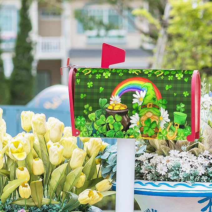 St. Patrick's Day Green Gnome Magnetic Mailbox Cover - Green Buffalo Plaid, Good Luck Leaf & Rainbow Design - Standard Size 25.5x21 Inch for Home & Outdoor Garden