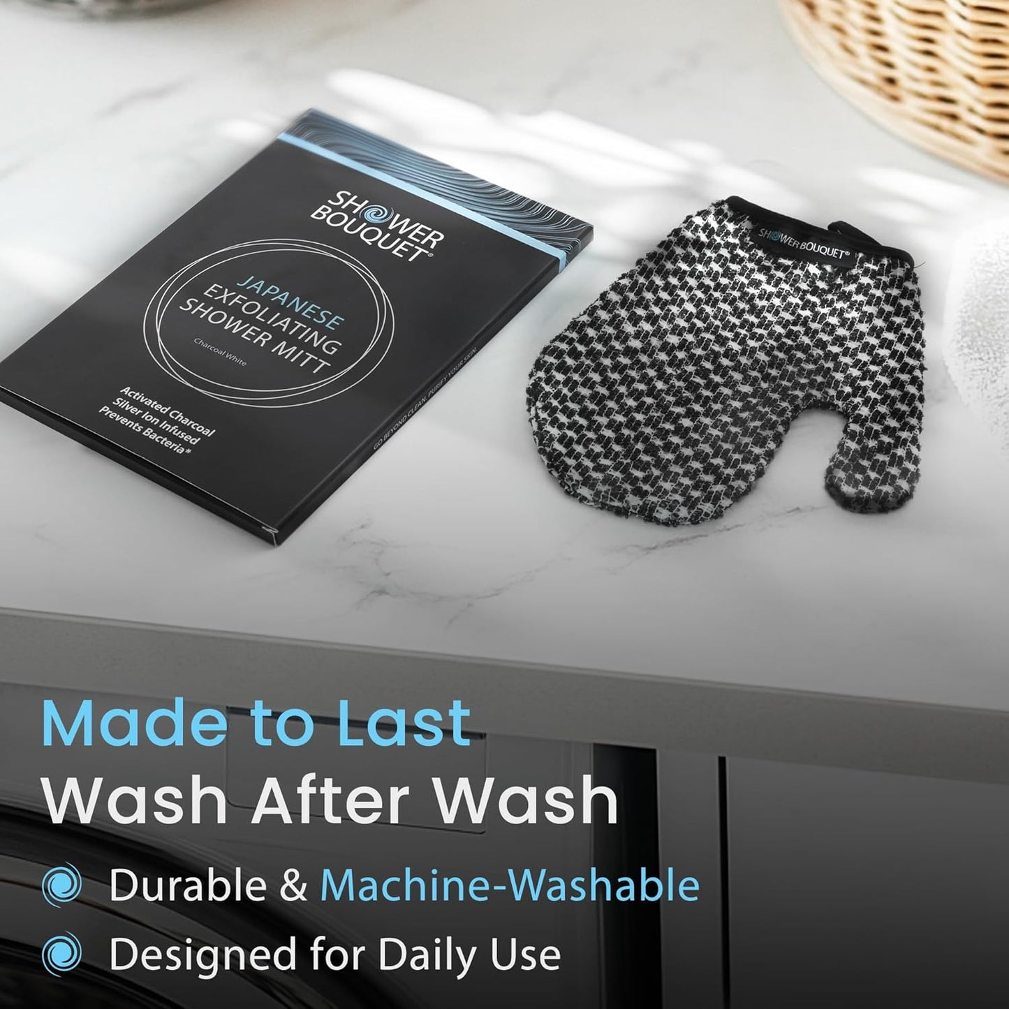 Japanese Exfoliating Mitt for Shower [1-Pack, White] - Charcoal & Silver Ion Exfoliating Glove - Gentle Exfoliation & Deep Cleansing Shower Mitt - Exfoliating Body Scrubber Glove, Soft Fabric Inside