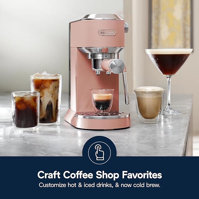 De'Longhi Dedica Duo Compact Espresso Machine - Cold Brew Coffee Maker with Milk Frother Wand- for Espresso, Hot & Iced Coffee, Cappuccinos, Lattes & Home Barista Brewing, Rosé Pink