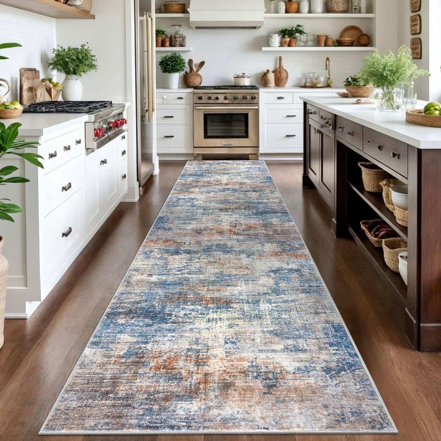 IOHOUZE Abstract Runner Rug 3x14 Ft Long Washable Runners for Hallways, Non Slip Kitchen Runner Printed Faux Wool Entryway Runner Indoor, Modern Abstract Floor Carpet for Hall Stair, Blue Rust