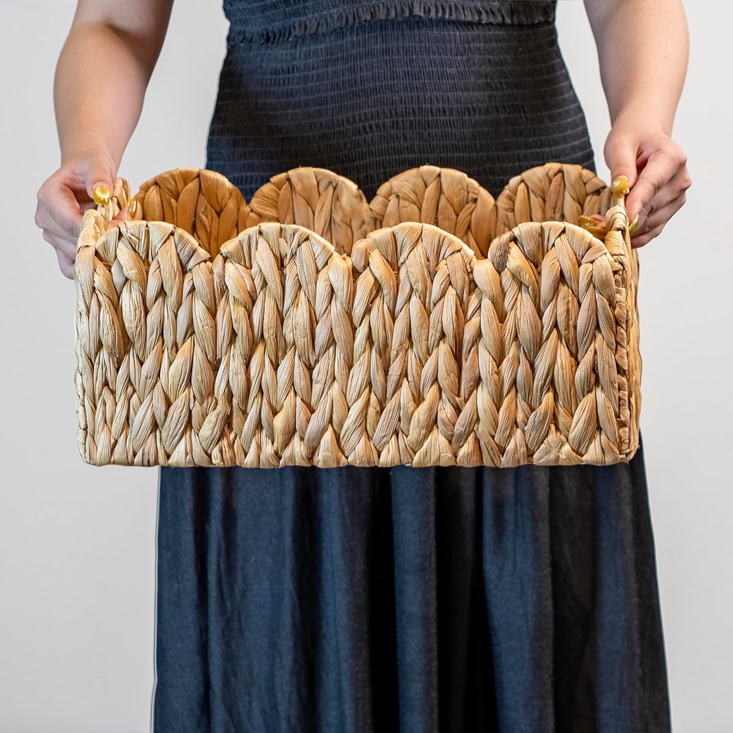 Scalloped Basket Wicker & Rattan Storage Basket with Built-in Handles, Large Woven Water Hyacinth for Nursery & Bathroom Organization 2 Pack