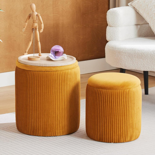 Round Ottoman with Storage Set of 2-Upholstered Velvet Vanity Stool for Makeup Multifunctional Ottomans Coffee Table Padded Seat Foot Rest for Living Room&Bedroom (Yellow-Upgrade Tray Lid)