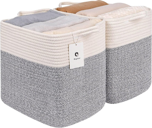 Medium and Large Woven Basket//With Handle, Used for Toys and Fabric Storage Basket used for Storing xl Storage Box, Decorative Storage Box Room 2pack (14L12H Silver Gray, 14L*10W*12H)