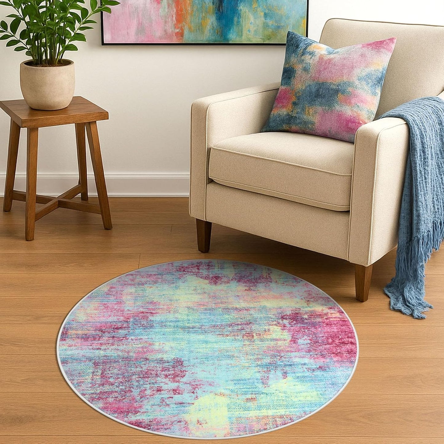 IOHOUZE Round Area Rug 3 Ft Circle Entryway Rugs Round Washable Door Mat Indoor Entrance, Non Slip Circle Front Door Rug, Printed Abstract Faux Wool Floor Carpet for Foyer Porch Sink, Pink Teal