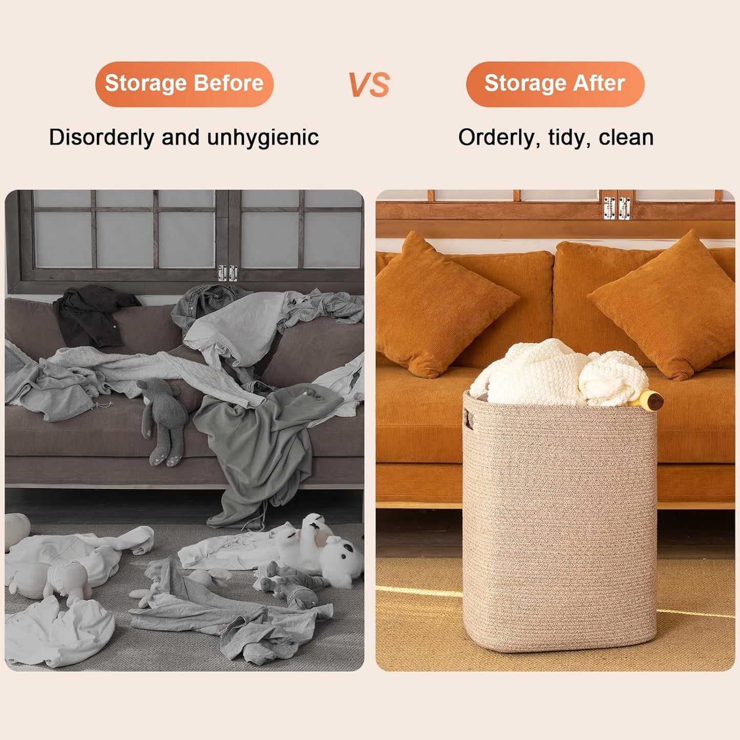 OIAHOMY Laundry Hamper, Rectangle Cotton Laundry Basket with Handles, Large Blanket Basket for Living room, Woven Decorative Storage for Toys,Clothes,Pillows-16x13x22in-Brown variegated