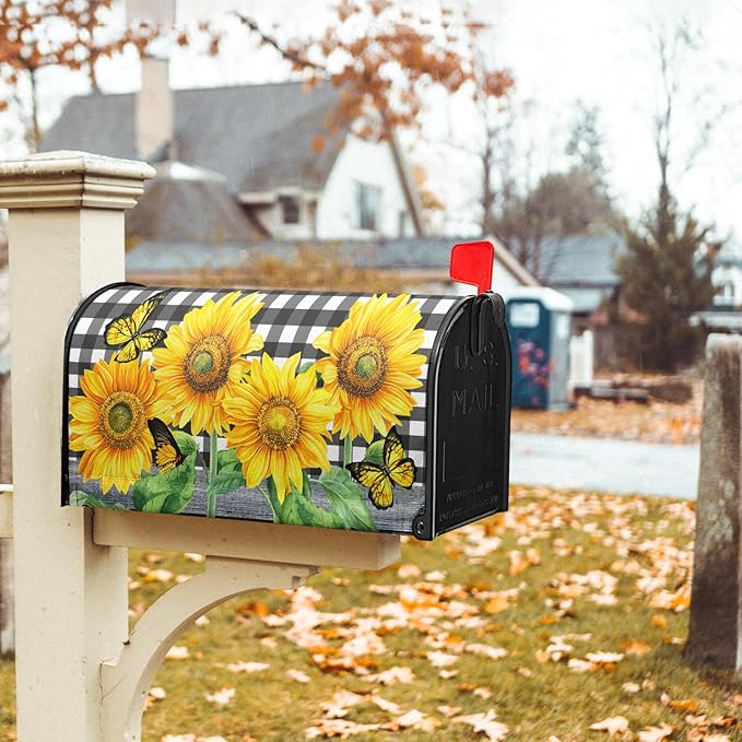 Sunflower Butterfly Magnetic Mailbox Cover Summer Flower Black White Buffalo Plaid Mailbox Cover Standard Size 21" x 18" Yellow Floral Post Letter Box Wraps for Outdoor Garden Yard Home Decor