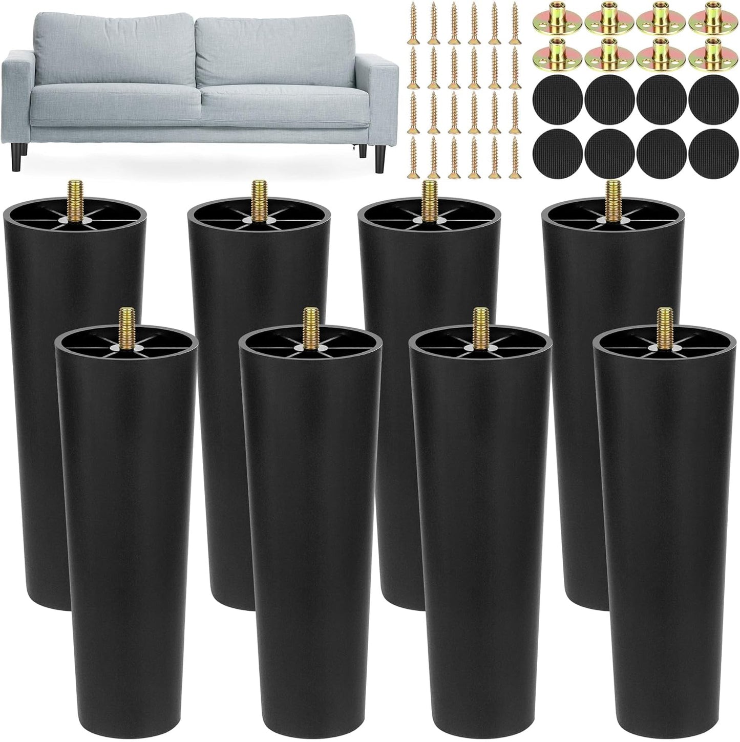 TURSTIN 8 Pack 8 Inch Plastic Furniture Legs with M8 T-Nuts Screws Tapered Sofa Couch and Chair Legs Replacement Furniture Legs for DIY Projects Sofas Coffee Tables Dressers Beds