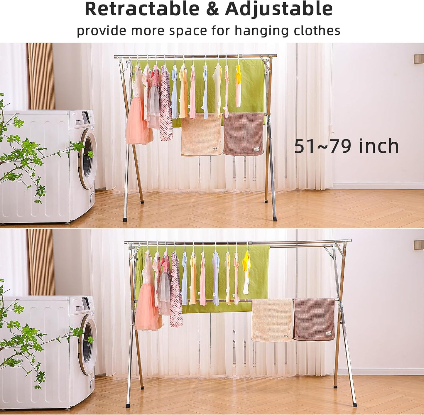 funest Drying Rack Clothing, 79 Inches Adjustble & Foldable Laundry Drying Rack, Heavy Duty Stainless Steel Clothes Drying Rack with 20 Hooks, 12 Clips, Suitable for Indoor, Outdoor and Balcony