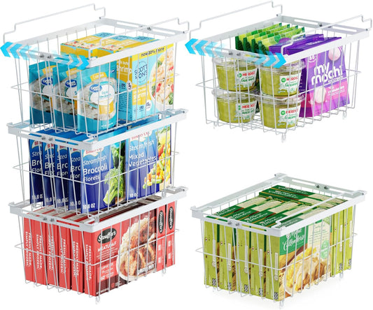 iSPECLE Freezer Organizer Bins - 5 Pack Adjustable & Extra Large Chest Freezer Organizer Bins for 5 to 9 Cu.Ft Deep Freezer, Easy Organize Basket Store More, Stackable No Wasted Space, White