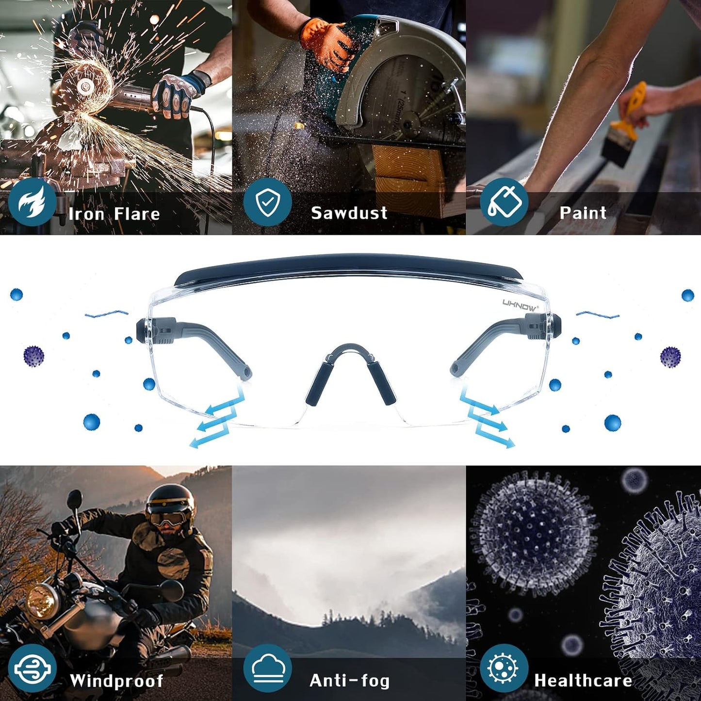 UKNOW Safety Goggles Over Glasses, Safety Glasses Anti Fog Wraparound Eye Protection, Protective Eyewear ANSI Z87.1