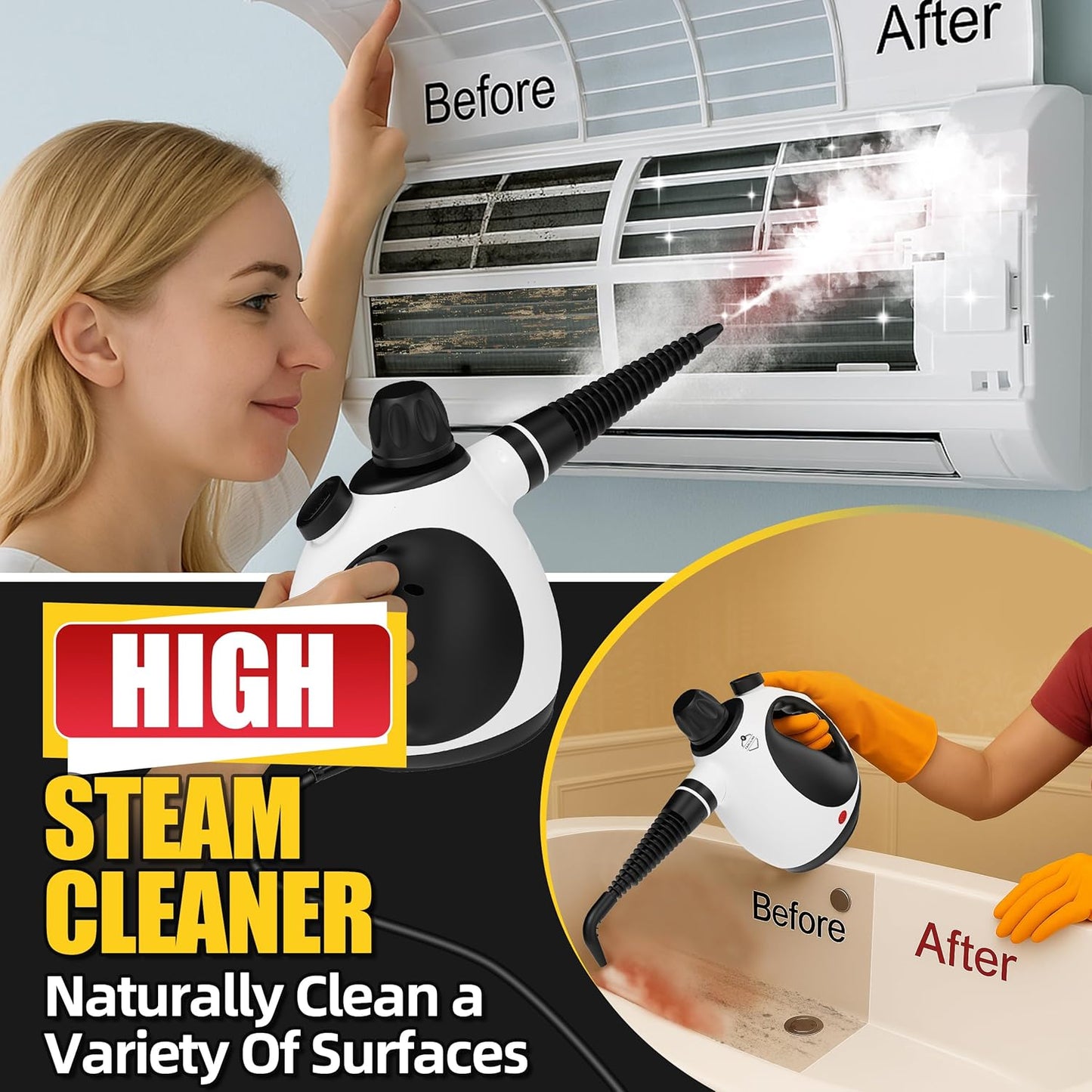 Pressurized Multi-Surface Handheld Steam Cleaner for Home with 12 pcs Accessories, Chemical-Free Multi-Purpose Steamer for Cleaning Car, Furniture, Floor, Tile Grout and Home Use