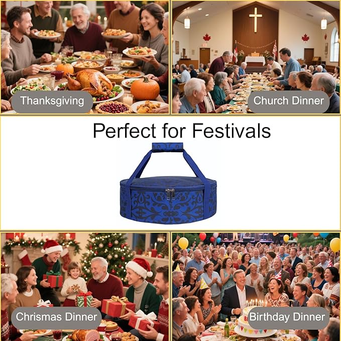 Round Insulated Pie Carrier – Thermal Portable Lunch Transport Cheesecake Cake Dish Container Bag Keep Food Hot/Cold/Fresh for Potlucks Parties Gathering/Cookouts/Church Dinner/Outdoor Events-Blue