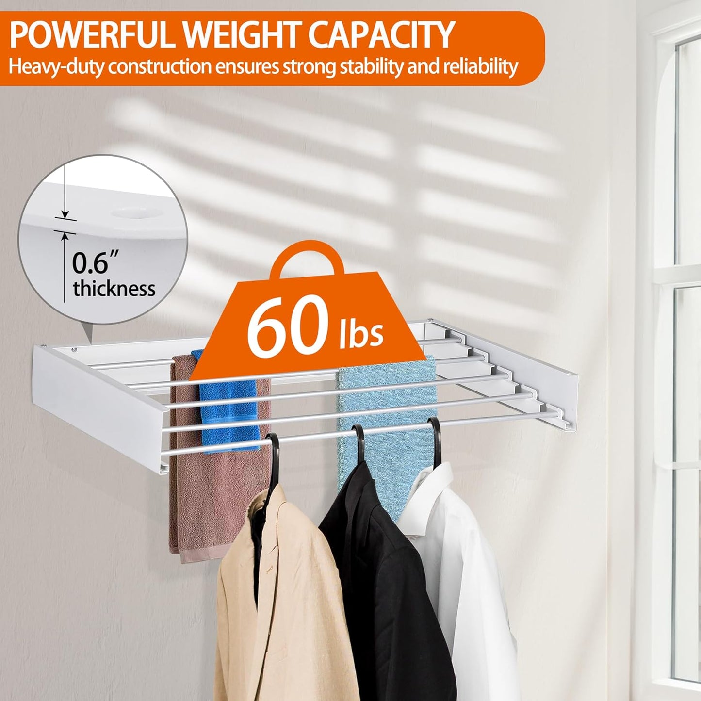 FOCHIER F Laundry Drying Rack Wall Mounted Clothes Drying Rack Collapsible with 5 Aluminum Rods and Drilling Template Long Screwdriver Bit 60 lbs Capacity (White, 31.5")