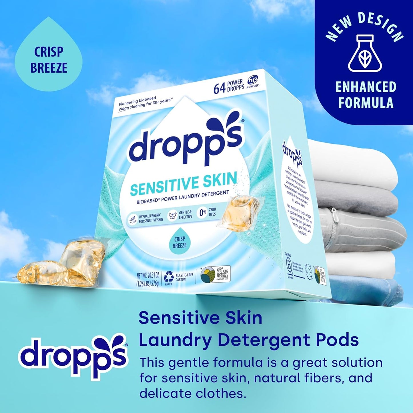 Dropps Sensitive Skin Laundry Detergent Pods, Crisp Breeze (64 Count) - Dermatologist Tested Laundry Pods - HE Compatible Laundry Supplies for Clean Clothes, Vegan & Dye-Free