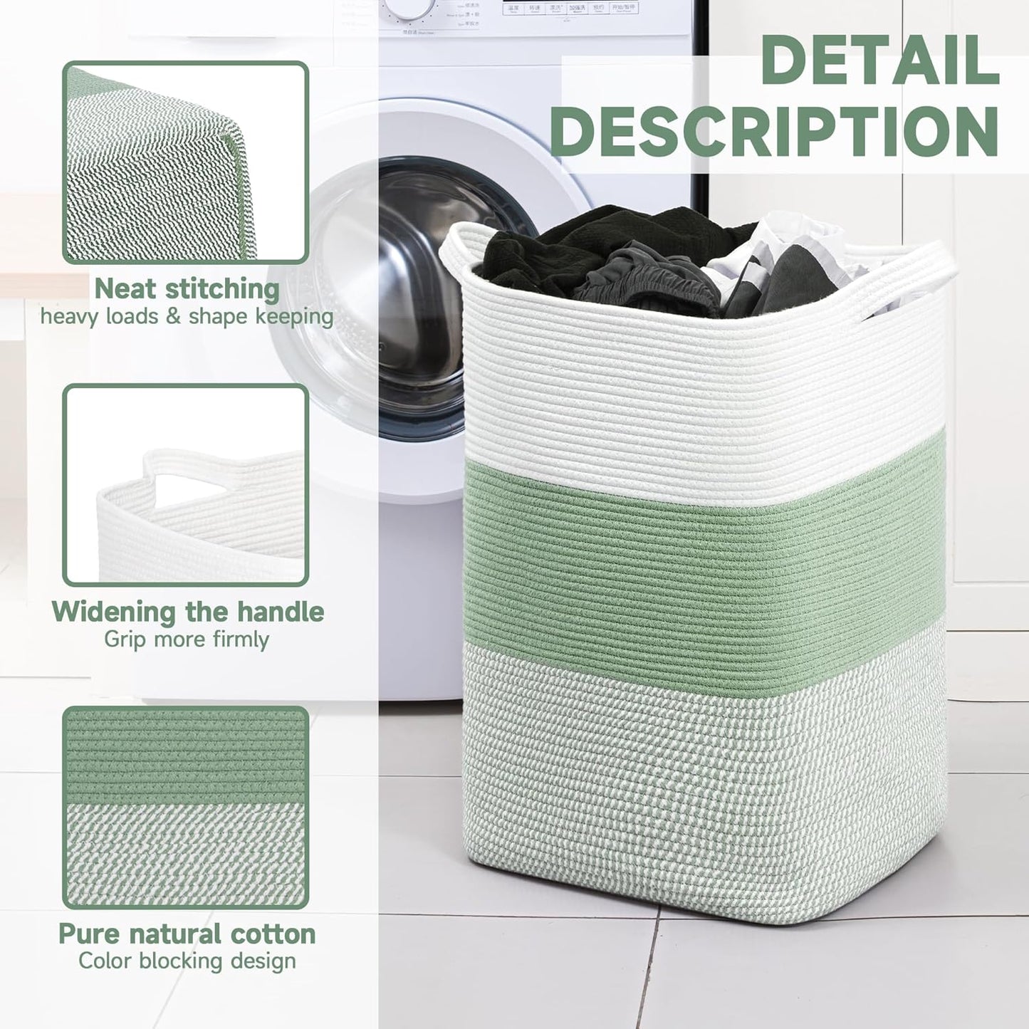 CLHMILY&Z 95L Laundry Basket Rectangular Green Rope - 16x15x24 Inches - Dirty Clothes and Soft Storage Bin for Blankets, Toys, and Nursery Essentials