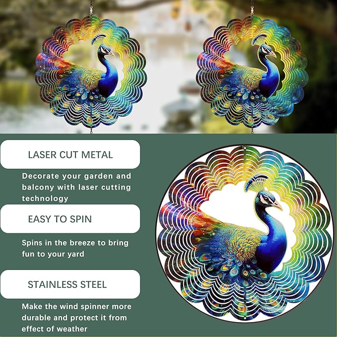 Peacock Metal Wind Spinners - Gifts for Women Mom Grandma Wife, Hanging Wind Spinner for Outdoor & Indoor Decorations, 12 inch Wide, 21 inch Long, Wind Spinner for Christmas Ornament Gifts