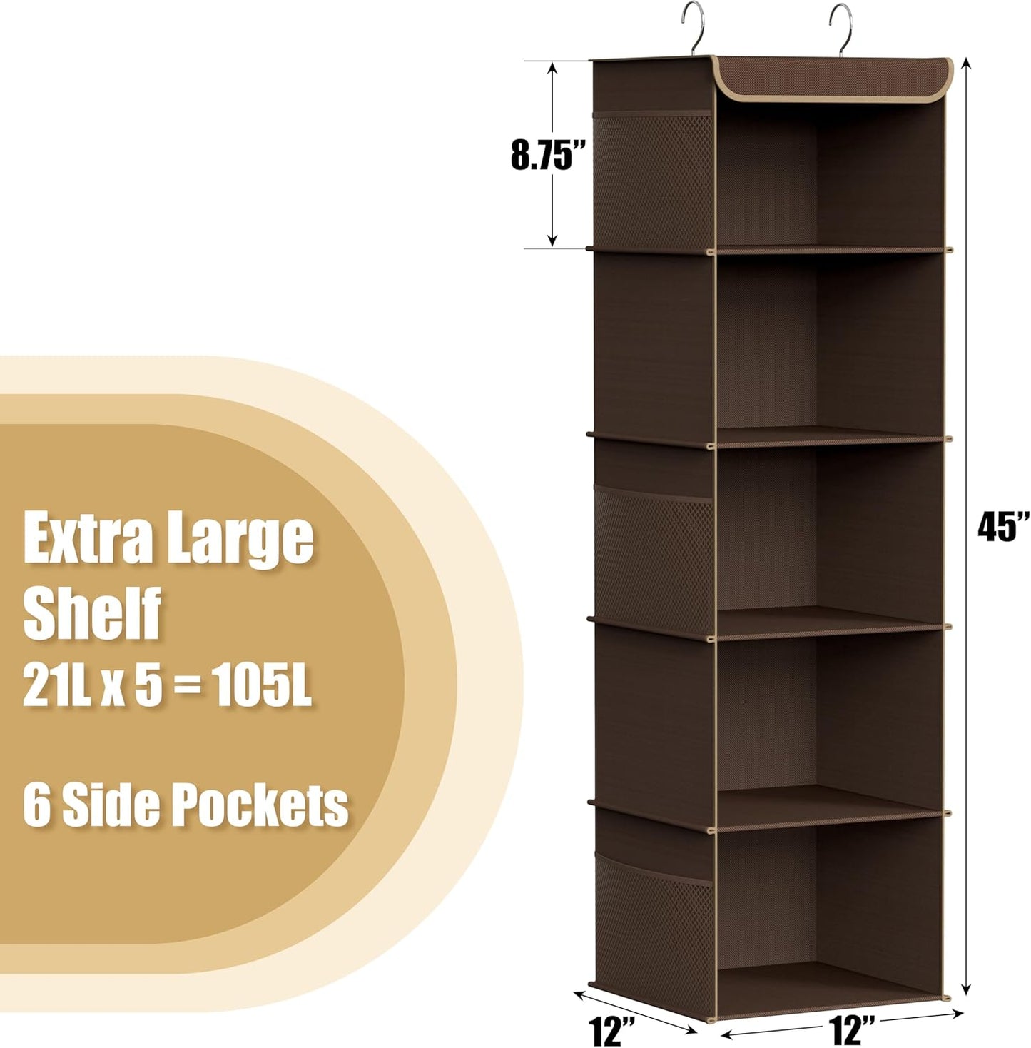 Simple Houseware 5 Shelf Hanging Closet Organizer, Brown