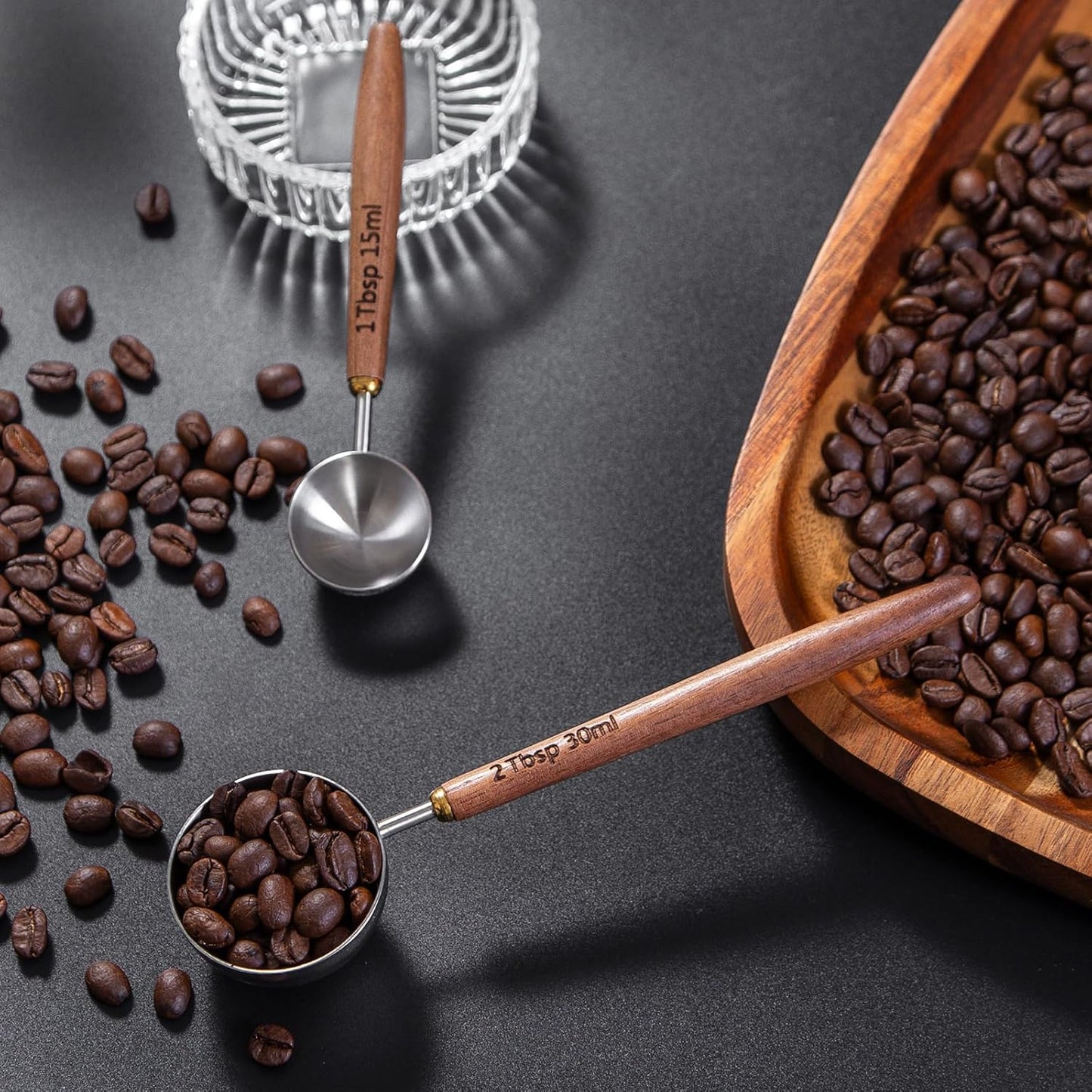 Wooden Scoops for Tea 2PCS Long Handle Coffee Scoop for Sugar (15ml 1 Tbsp + 30ml 2 Tbsp) Wood and Stainless Steel Measuring Scoop for Coffee, Wood Scoops for Seasoning Small Scoop Multipurpose