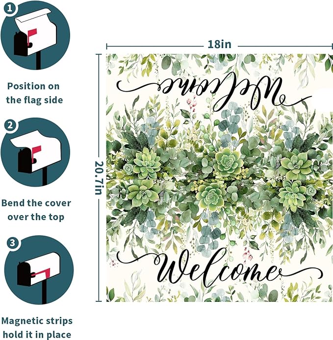 Spring Eucalyptus Leaves Mailbox Covers Magnetic Welcome Post Letter Box Wrap Standard Size 21''x18'' Green Leaves Summer Dust-Proof Letterbox Decor Seasonal Postbox Cover for Outdoor Garden Yard