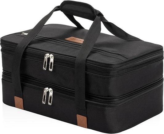 Stack Store Plus More Insulated Casserole Carrier for Hot or Cold Food, Lasagna Holder for Picnic, Potluck, Cookout - Fits 9” x 13” and 11” x 15” Baking Dish – Expandable Double Thermal Bag in Black