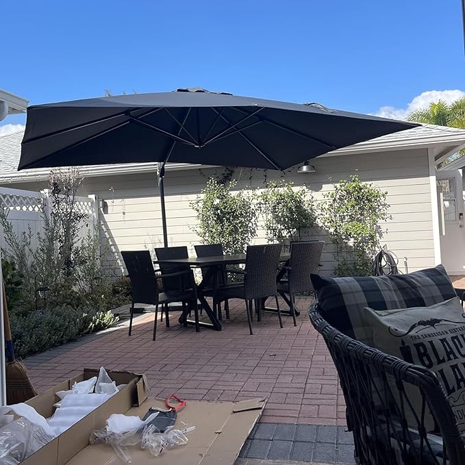 PURPLE LEAF Patio Umbrella with Base 10 Feet Outdoor Cantilever Square Umbrella Aluminum Offset Umbrella with 360-degree Rotation for Garden Deck Pool Patio, Grey
