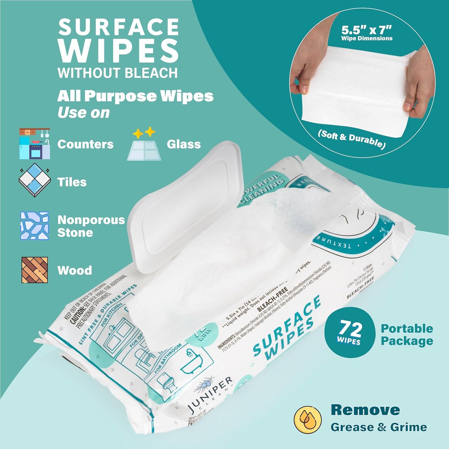 3 Pack Surface Cleaning Wipes Bleach Free, All-Purpose Cleaner for Bathroom, Kitchen, Office, 72 Count Soft Flow, Fresh Scent, Lint Free & Durable