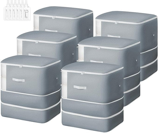 Comforter Storage Bag - Extra Large Capacity Blanket Storage Bags 3-Layer Ultra Space Saving Self Compression Organizer, Washable Compression Bags for Storage Comforter Blanket, 6-Pack, Grey