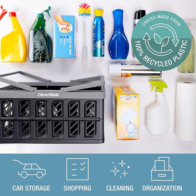 CleverMade Collapsible Shopping Basket, Ocean, 3PK - 24L (6 Gal) Reusable Plastic Grocery Shopping Baskets, Holds 25lbs Per Basket - Small Foldable Storage Crates with Handles