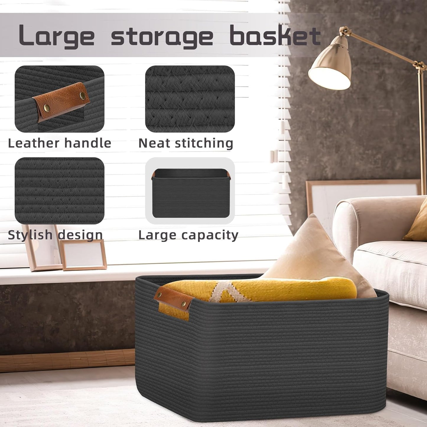 Large Collapsible Laundry Basket, Clothes Hamper for Blanket, Toy, Towels, Woven Baskets for Storage, Nursery Home Decor Living room 21.6" x 15" x 11.8",Grey