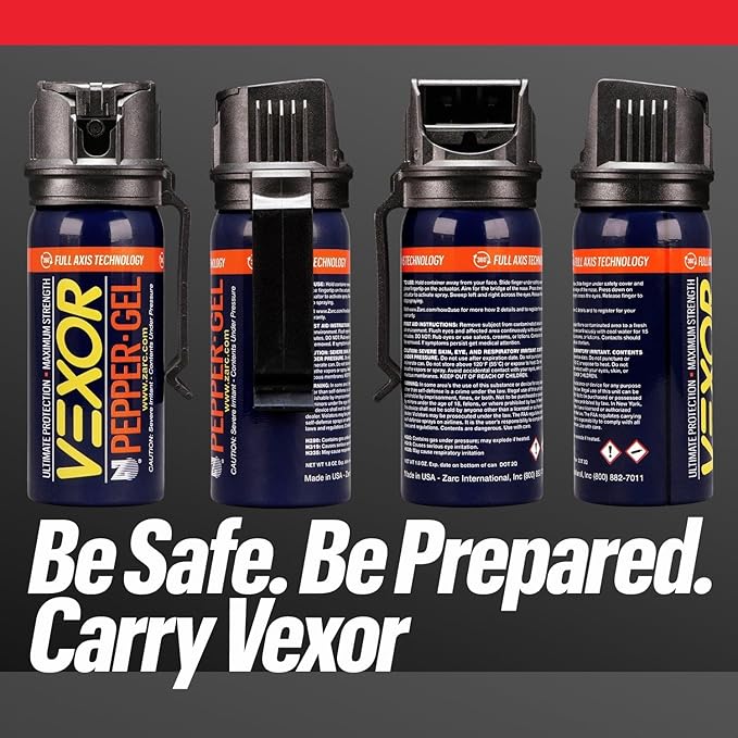 VEXOR Pepper Gel from Zarc, Maximum Strength Police Pepper Spray, Gel is The Future, Full Axis Technology Shoots from Any Angle 18-feet, Flip-top Safety