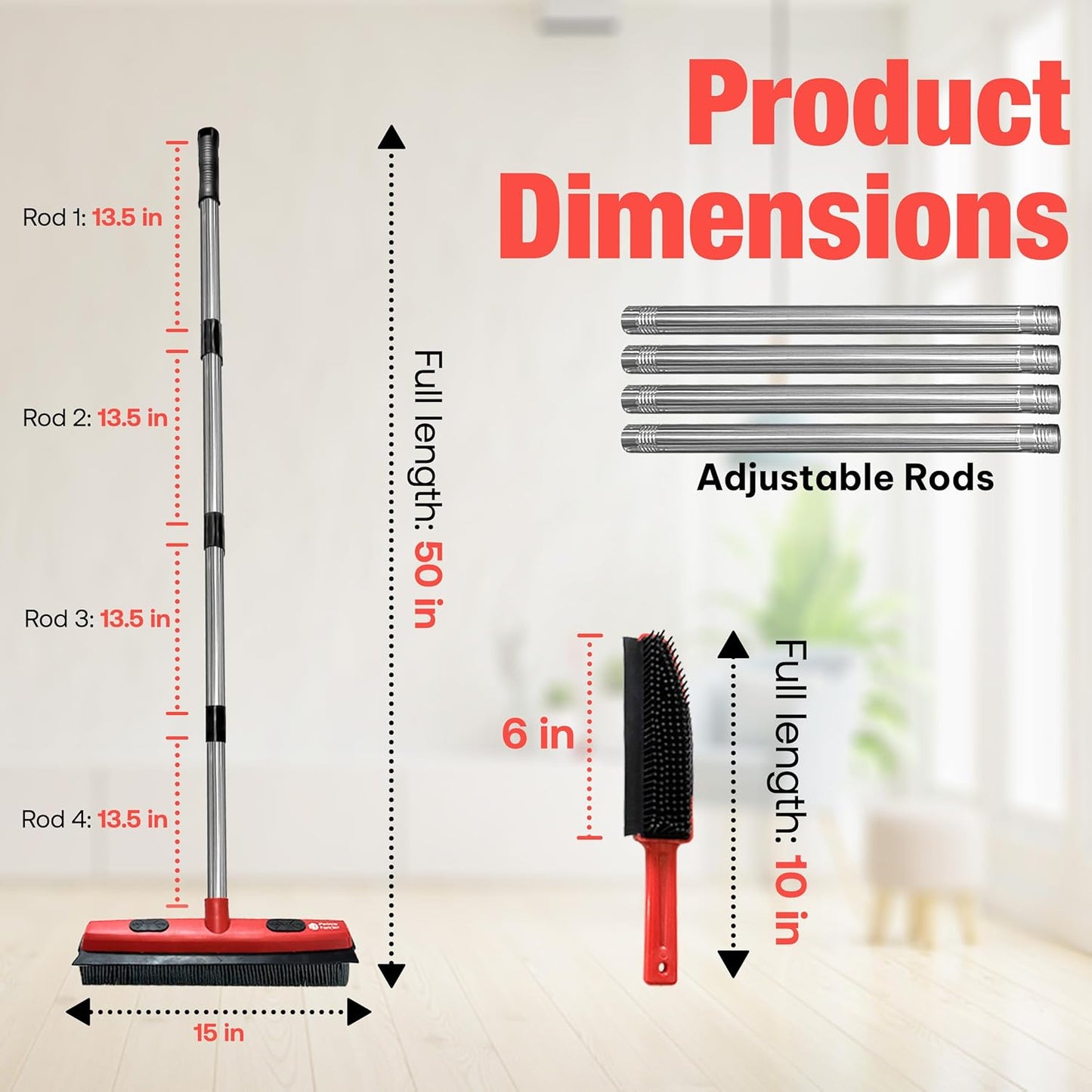 Hybrid Dog Pet Hair Removal Broom with Squeegee – Adjustable Handle Rubber Broom for Pet Hair on Carpet, Hardwood Floors, Tile, & Liquid-Dirt with 2 Portable Hair Brushes & Cloth