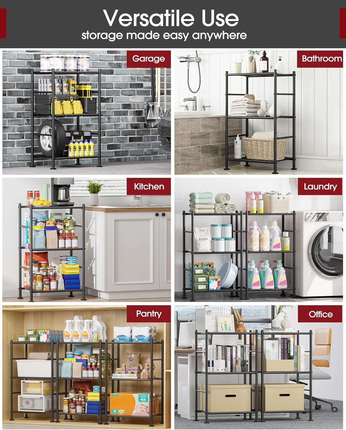 Storage Shelves - 3 Tier Shelf Organizer, Sturdy Metal Garage Shelving with Adjustable Leveling Feet, Space-Saving Shelves Organizer for Pantry, Laundry, Kitchen (18" x 12" x 30", Black)