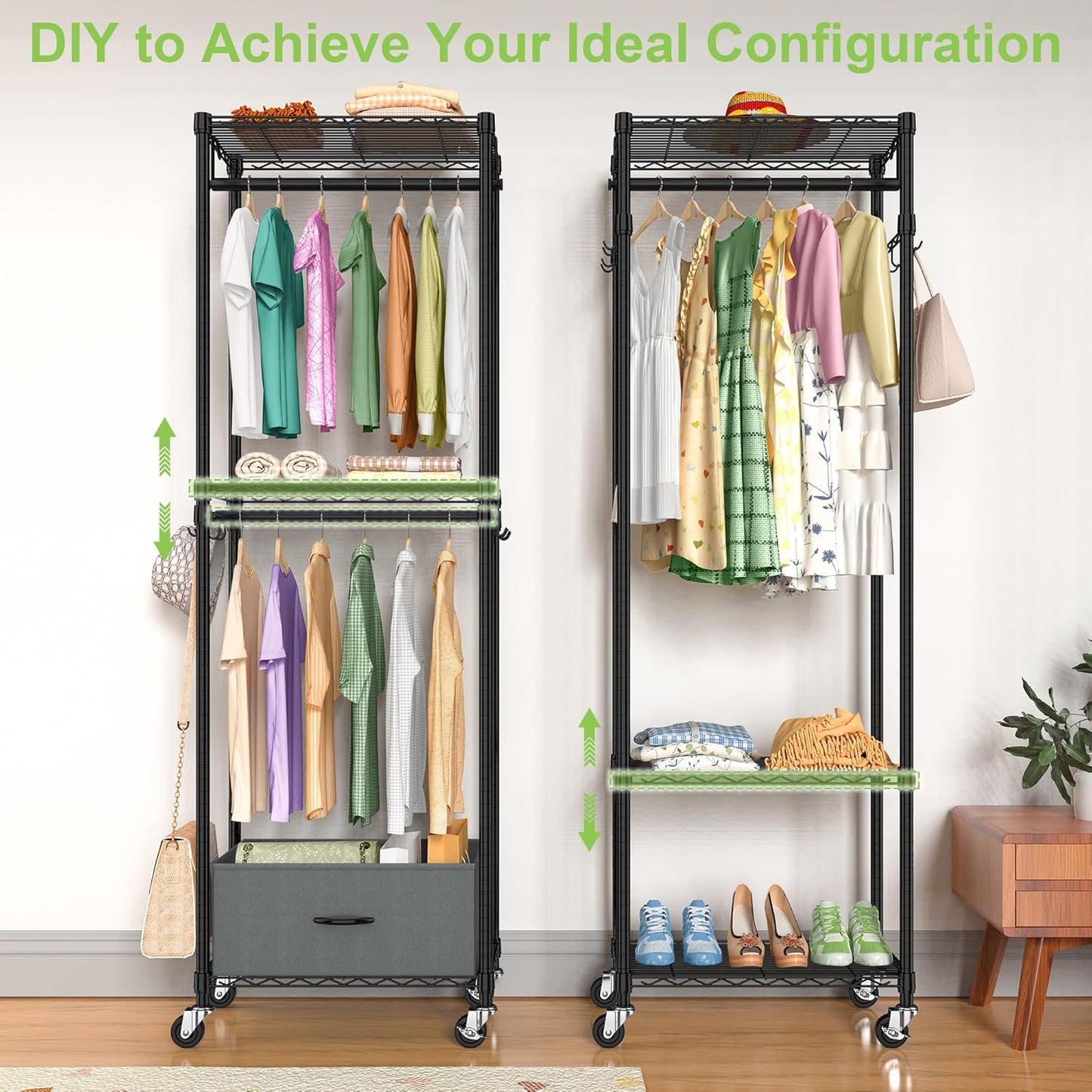 Clothes Rack with Drawers, Freestanding Rolling Garment Rack for Hanging Clothes, Closet Organizer Adjustable Metal Wire Shelving Wardrobe with Rods Portable Closet Shelf with Wheels, Black