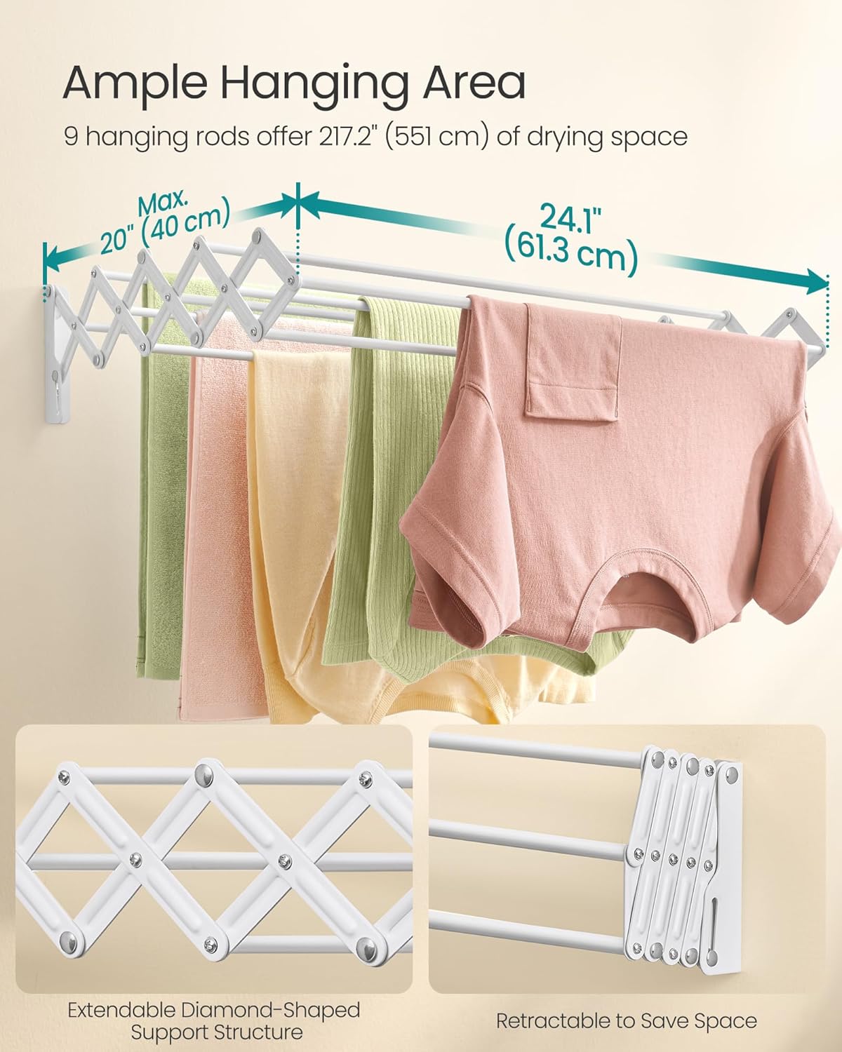 SONGMICS Clothes Drying Rack, Wall-Mounted Drying Rack Clothing, Accordion Laundry Rack, 9 Staggered Hanging Rods, Expandable and Retractable, Steel, Cloud White ULLR806W01