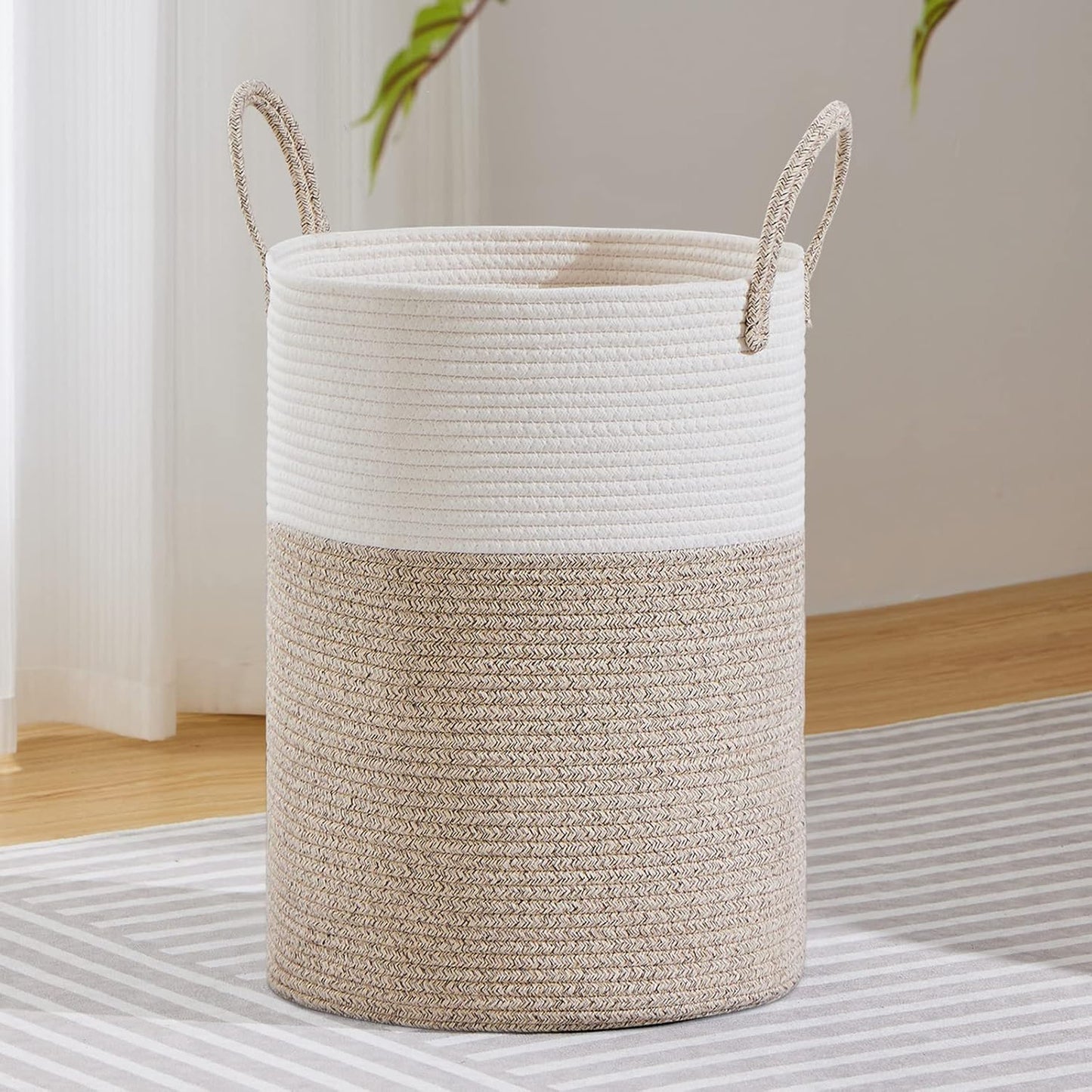 VIPOSCO Large Laundry Hamper, Tall Woven Rope Storage Basket for Blanket, Toys, Dirty Clothes in Living Room, Bathroom, Bedroom - 72L White & Brown