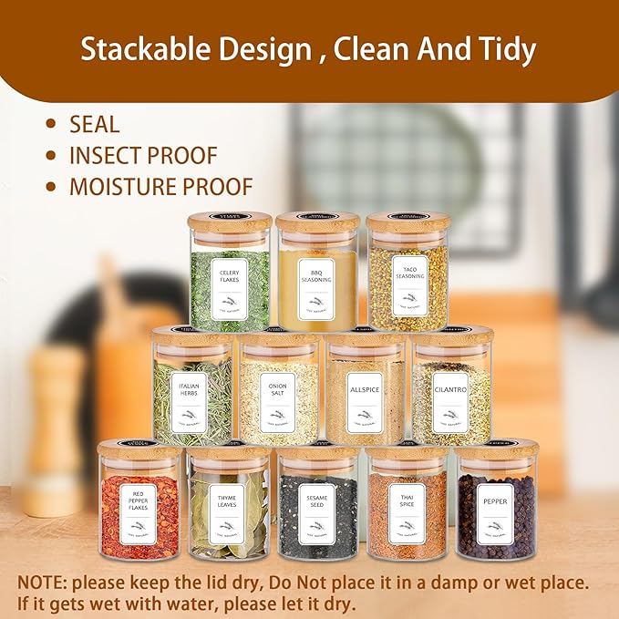 SLifeJars-Spice Jars with Label, 7.5 oz 20pcs Spice Containers Glass Jars with Bamboo Lids, Seasoning Containers Bottles,Airtight Empty Spice Jars for Spice Rack, Drawer,Cabinet,Pantry