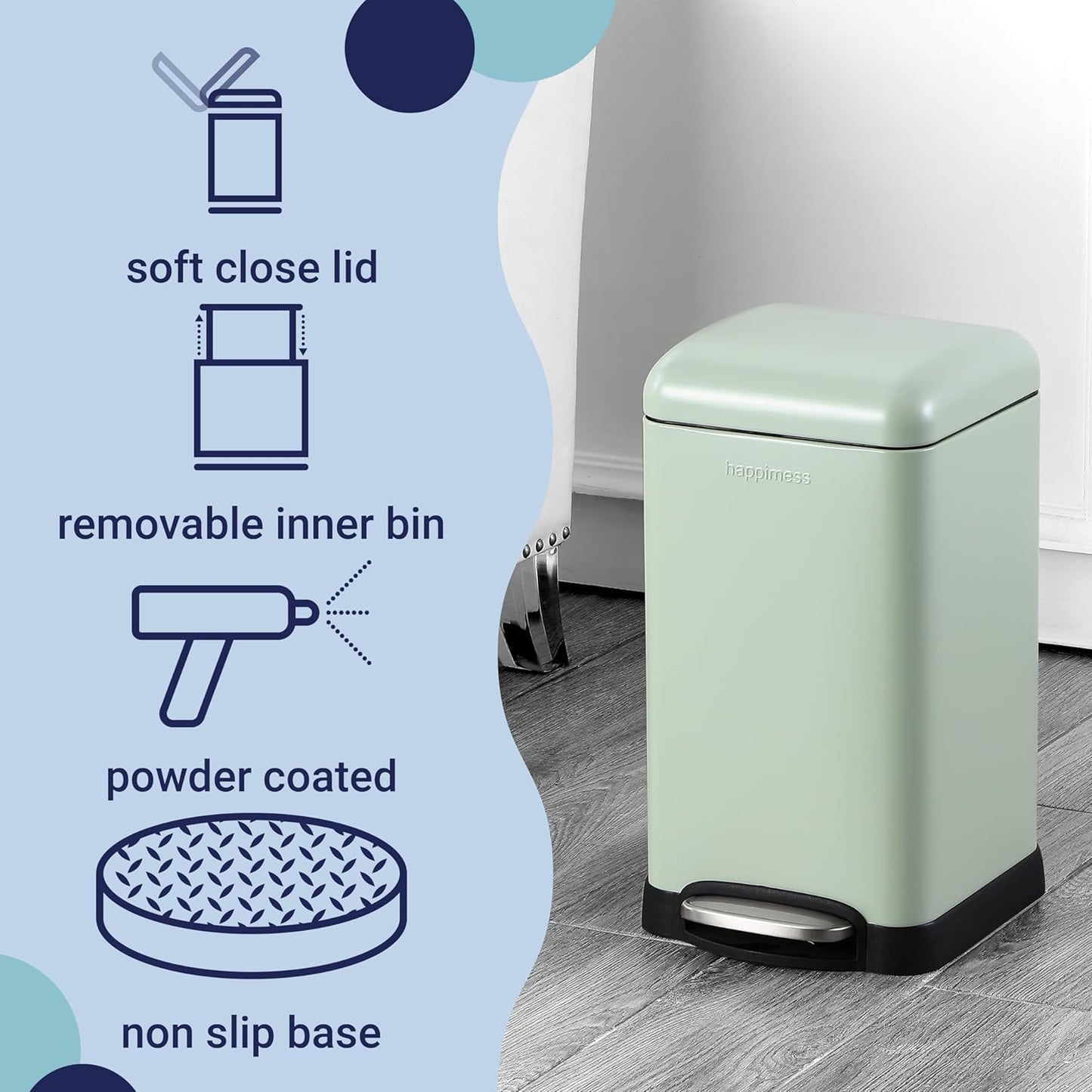 happimess HPM1012I Betty Retro Mini 3.2-Gallon Step-Open Trash Can, Fingerprint Resistant, Modern, Minimalistic for Home, Kitchen, Laundry Room, Office, Bedroom, Bathroom, Pistachio Gelato