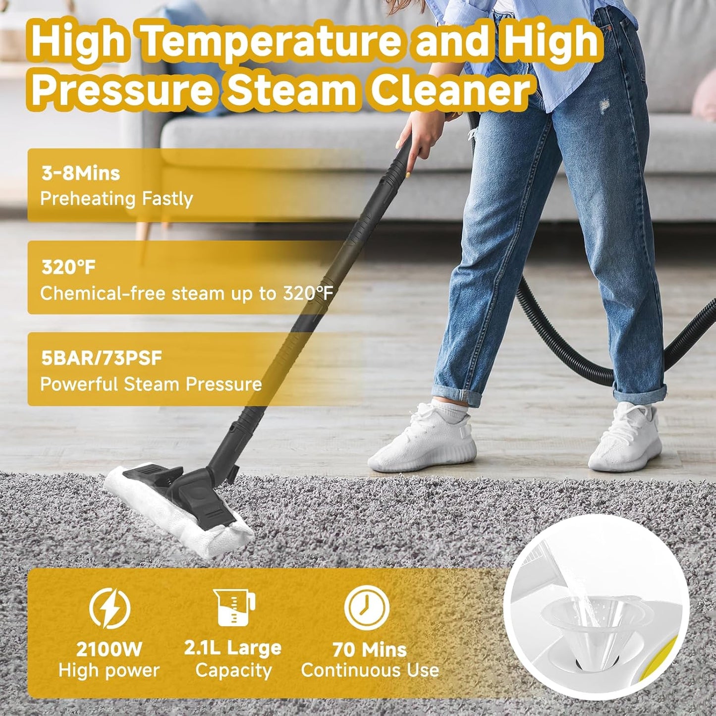 Steam Cleaner, Multipurpose Portable Canister Steamer，Portable Steam Cleaner with 27Accessories, 3 Minutes Fast Heating，for Floors, Windows,Mirrors,kitchens, Glass,Grout and Cars (White)