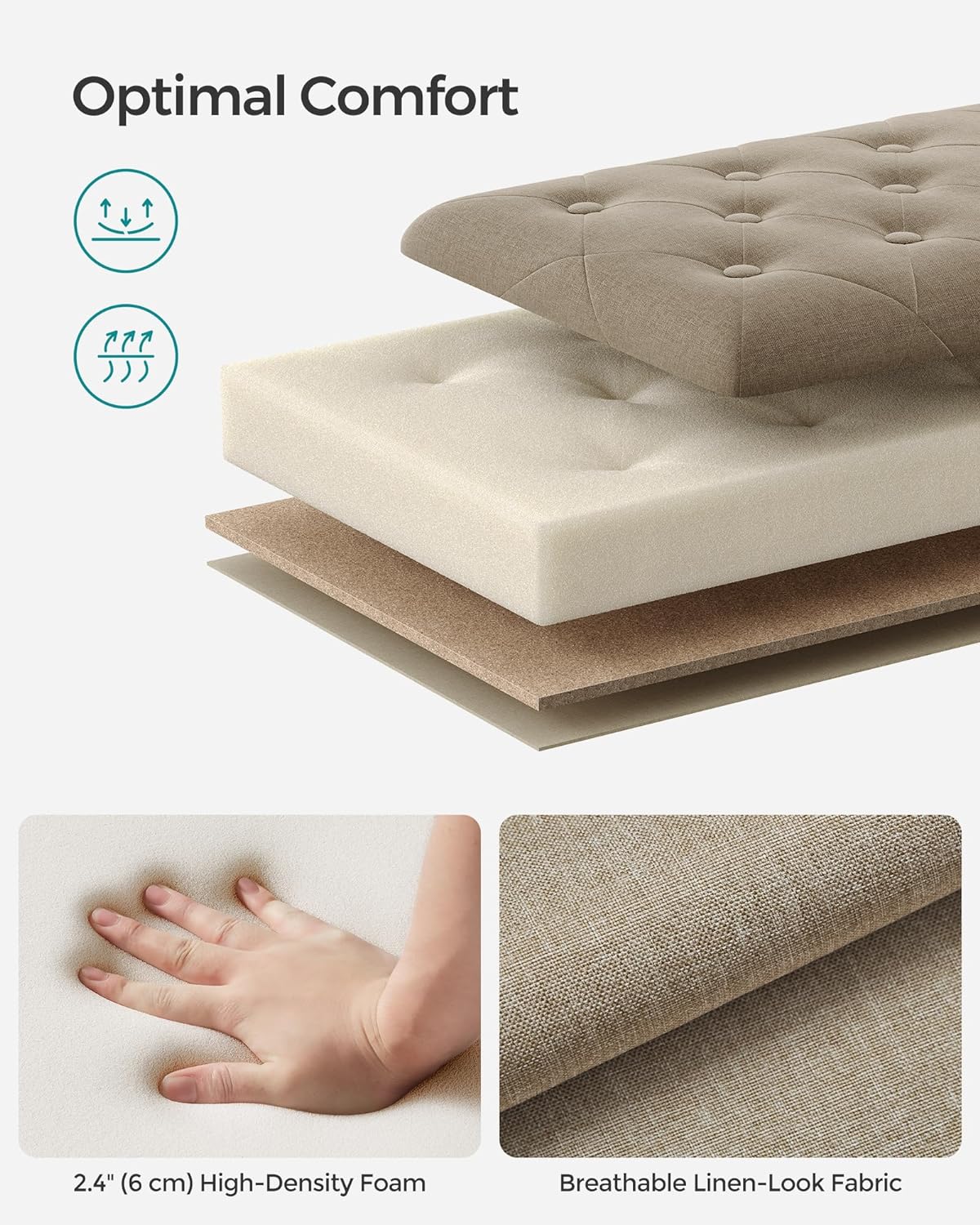 SONGMICS Storage Ottoman, Storage Bench, Tufted Entryway Bedroom Bench, 17.7 x 46.5 x 17.7 Inches, Hinges Easy Lid Operation, Wooden Legs, Linen-Look Cover, Loads 330 lb, Camel Brown ULOM070K01